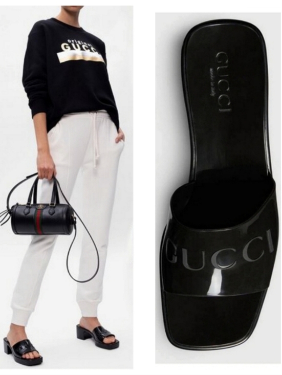 Gucci Shoes - GUCCI Plastique Logo Rubber Heeled Mule Sandals Black Resortwear Minimalist US 8